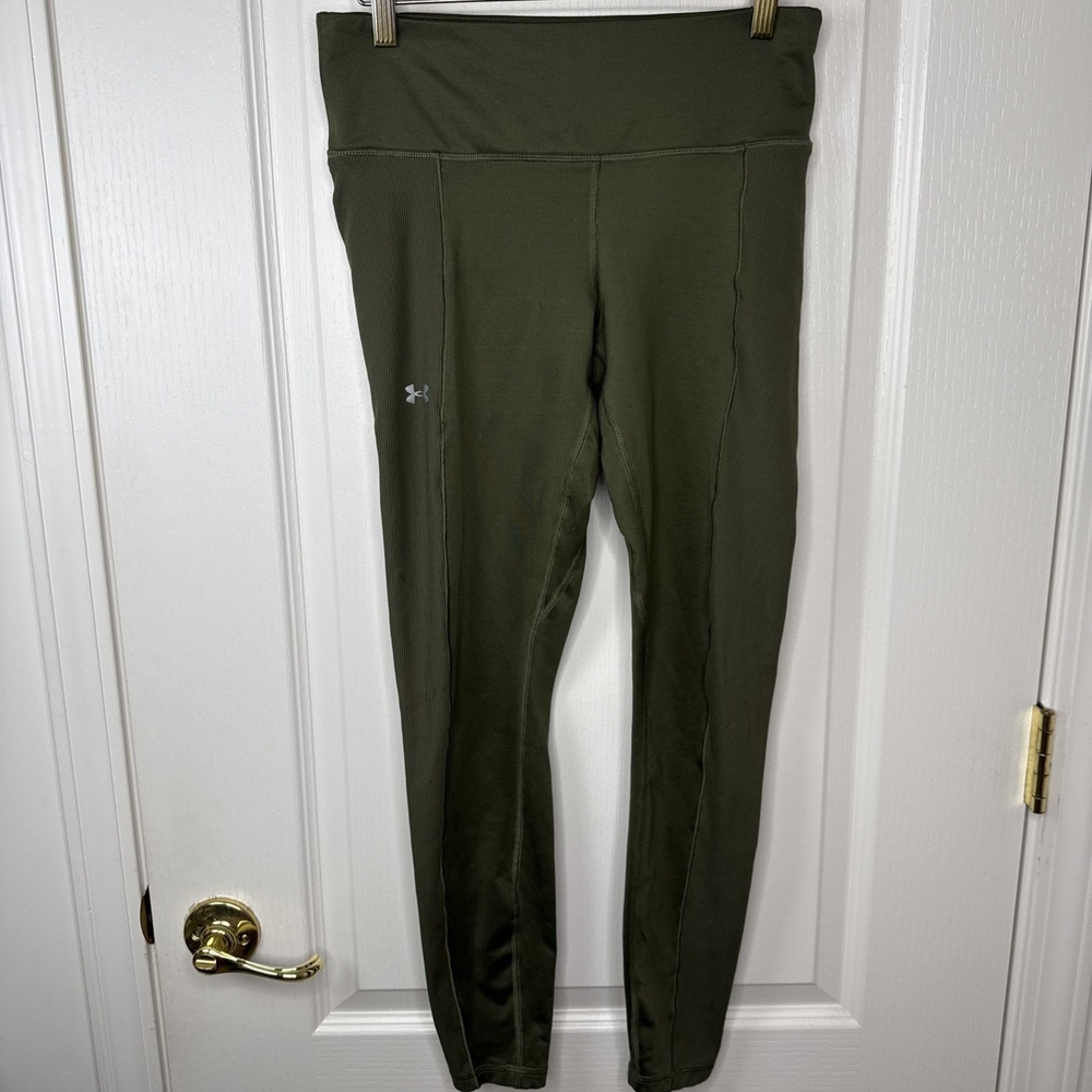 Under Armour Womens Medium Fitted Leggings Olive Green Ribbed Side Panel Workout